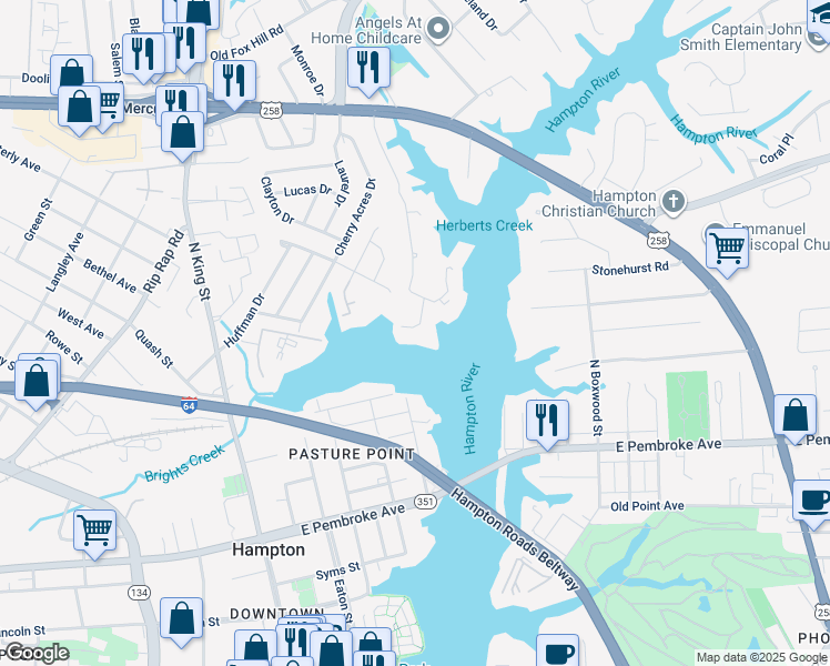 map of restaurants, bars, coffee shops, grocery stores, and more near 225 Island Cove Court in Hampton