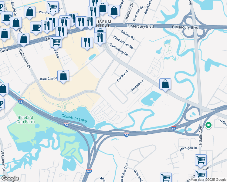 map of restaurants, bars, coffee shops, grocery stores, and more near 120 Findley Square in Hampton