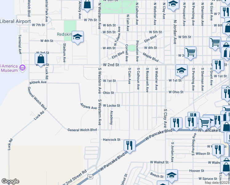 map of restaurants, bars, coffee shops, grocery stores, and more near Ohio Street in Liberal