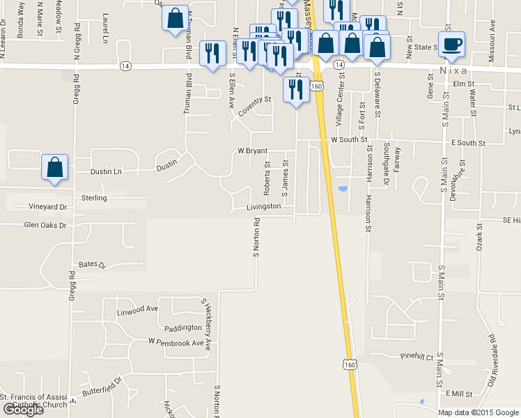 map of restaurants, bars, coffee shops, grocery stores, and more near 614 Livingston in Nixa