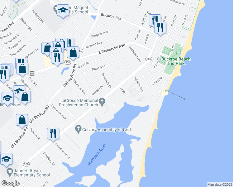 map of restaurants, bars, coffee shops, grocery stores, and more near 3 Seaview Drive in Hampton