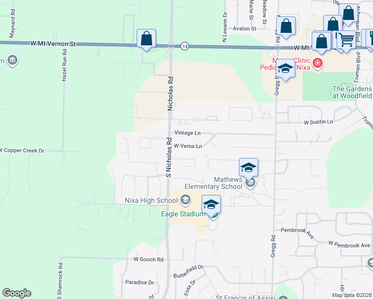 map of restaurants, bars, coffee shops, grocery stores, and more near 1242 West Verna Lane in Nixa