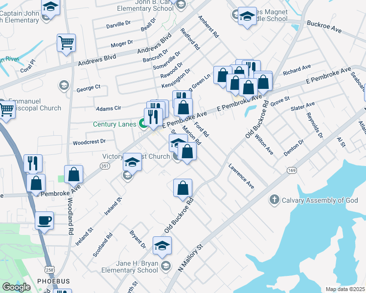 map of restaurants, bars, coffee shops, grocery stores, and more near 505 Smiley Road in Hampton