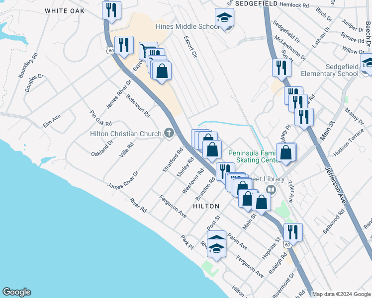 map of restaurants, bars, coffee shops, grocery stores, and more near 56 Stratford Road in Newport News