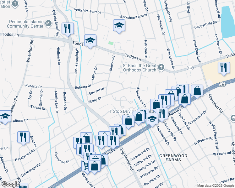map of restaurants, bars, coffee shops, grocery stores, and more near 232 Albany Drive in Hampton