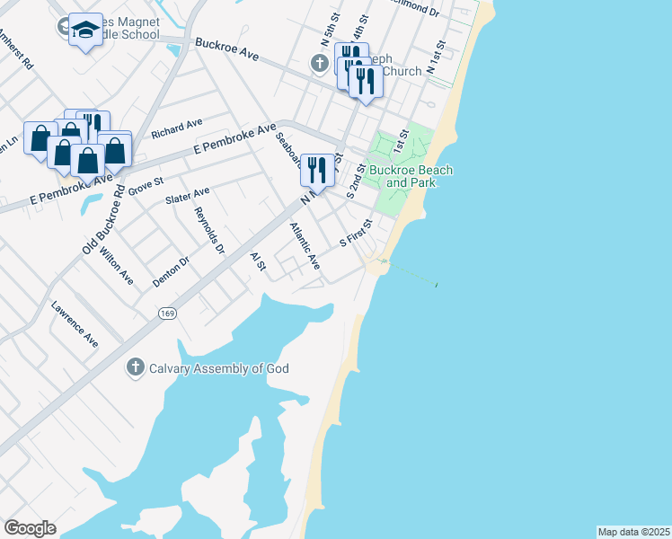 map of restaurants, bars, coffee shops, grocery stores, and more near 169 Herbert Avenue in Hampton