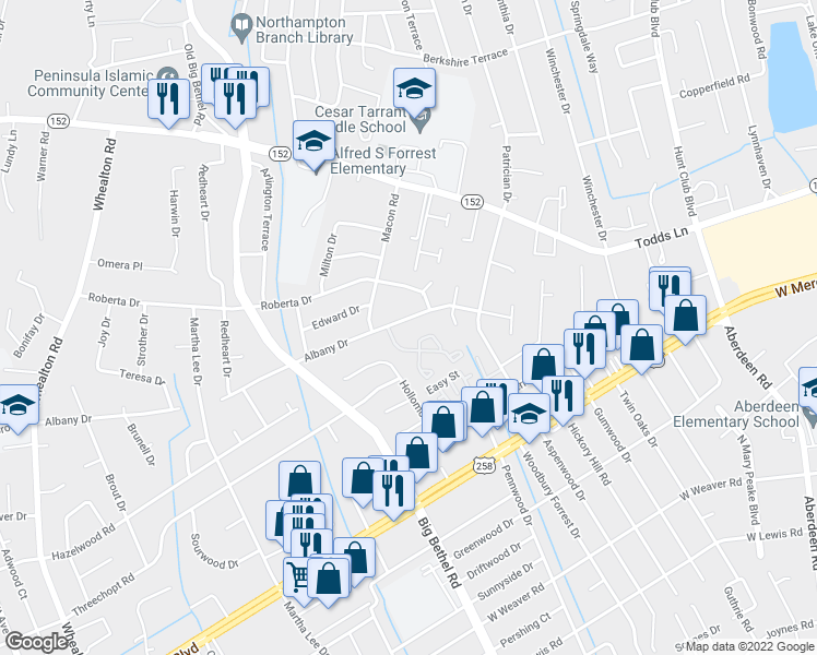 map of restaurants, bars, coffee shops, grocery stores, and more near 232 Albany Drive in Hampton