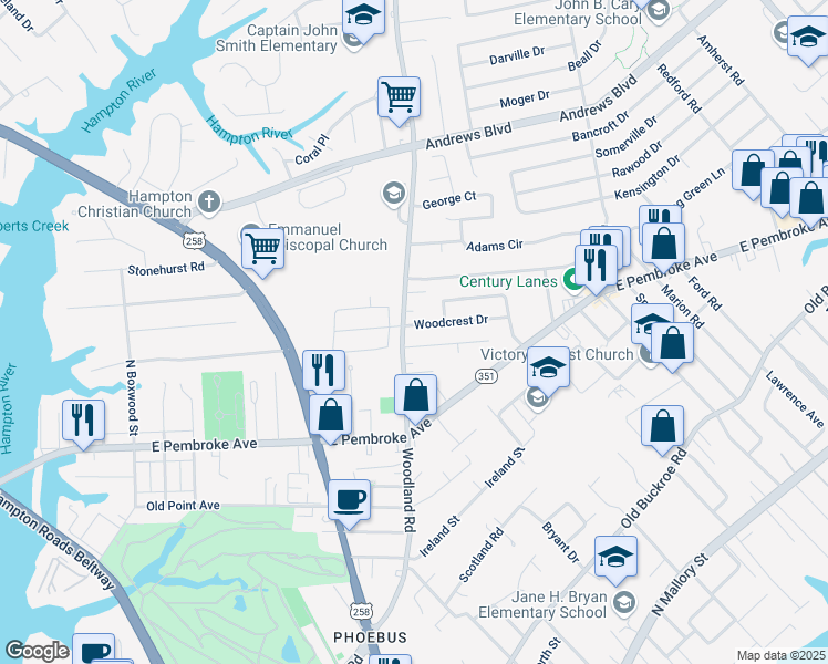 map of restaurants, bars, coffee shops, grocery stores, and more near 1402 Woodcrest Drive in Hampton