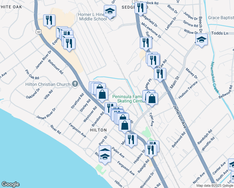 map of restaurants, bars, coffee shops, grocery stores, and more near 506 Hamlin Street in Newport News