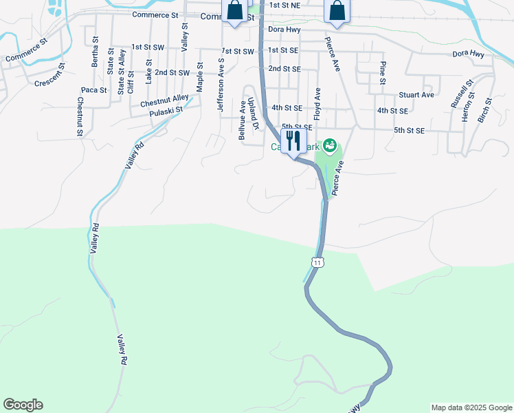 map of restaurants, bars, coffee shops, grocery stores, and more near 195-299 Crestline Drive in Pulaski