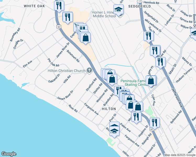 map of restaurants, bars, coffee shops, grocery stores, and more near 56 Stratford Road in Newport News