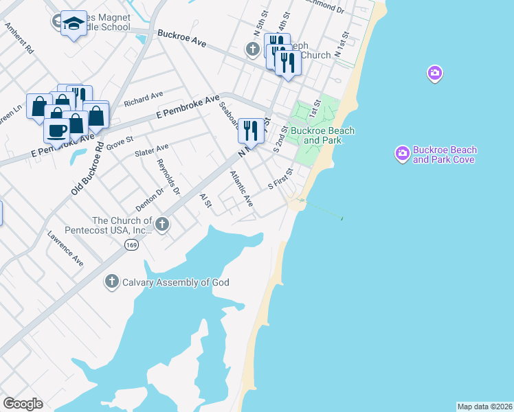 map of restaurants, bars, coffee shops, grocery stores, and more near 169 Herbert Avenue in Hampton