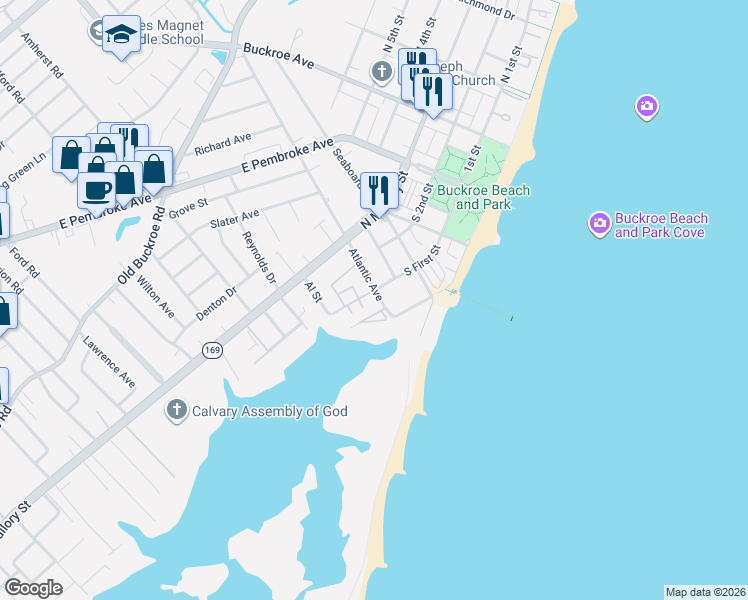 map of restaurants, bars, coffee shops, grocery stores, and more near 191 Atlantic Avenue in Hampton