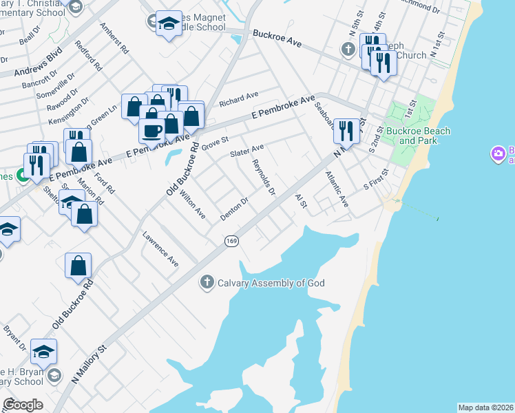 map of restaurants, bars, coffee shops, grocery stores, and more near 1529 North Mallory Street in Hampton