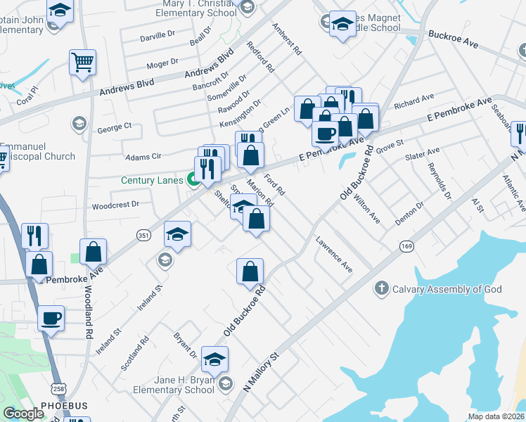 map of restaurants, bars, coffee shops, grocery stores, and more near 446 Smiley Road in Hampton