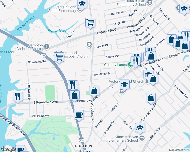 map of restaurants, bars, coffee shops, grocery stores, and more near 1404 Woodcrest Drive in Hampton