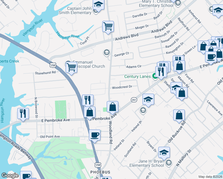 map of restaurants, bars, coffee shops, grocery stores, and more near 1402 Woodcrest Drive in Hampton