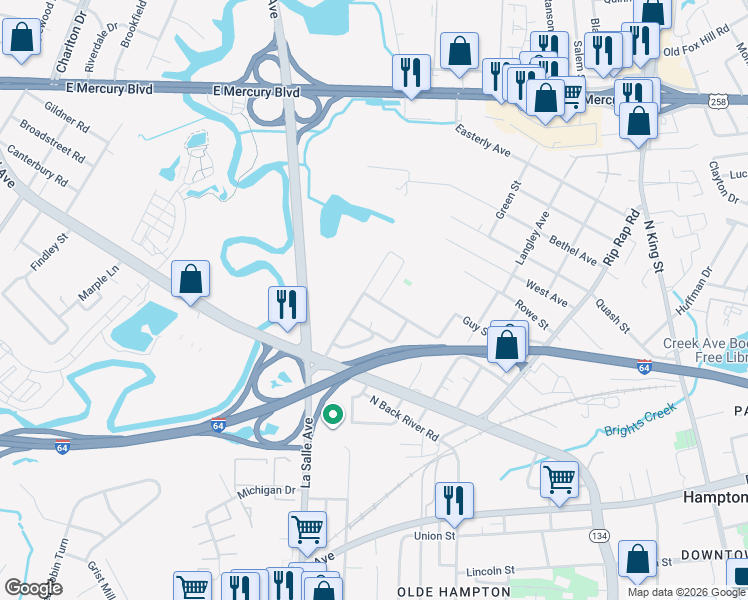 map of restaurants, bars, coffee shops, grocery stores, and more near 1325 Thomas Street in Hampton