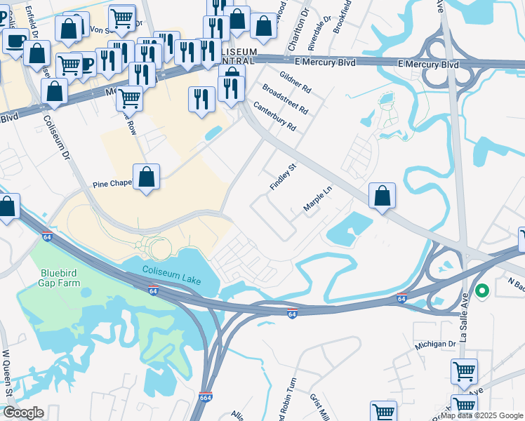 map of restaurants, bars, coffee shops, grocery stores, and more near 120 Findley Square in Hampton
