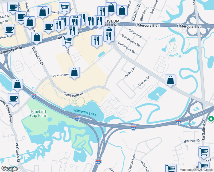map of restaurants, bars, coffee shops, grocery stores, and more near 700 Freeman Drive in Hampton