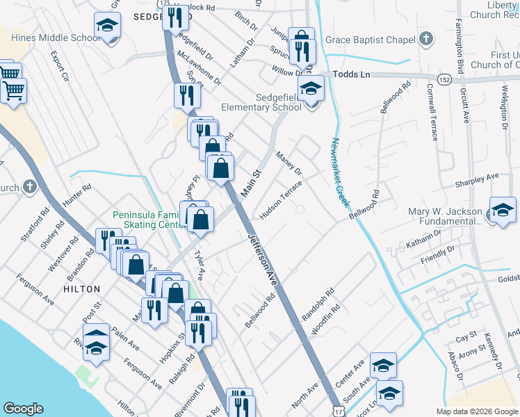 map of restaurants, bars, coffee shops, grocery stores, and more near 615 Hudson Terrace in Newport News