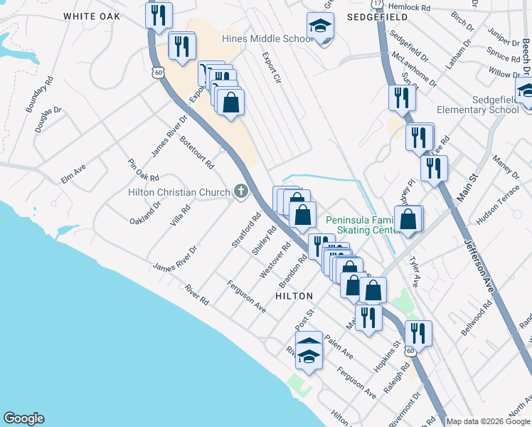 map of restaurants, bars, coffee shops, grocery stores, and more near 54 Stratford Road in Newport News