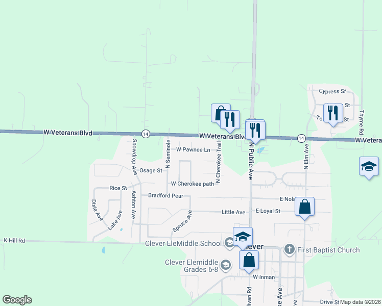 map of restaurants, bars, coffee shops, grocery stores, and more near 410 Choctaw in Clever