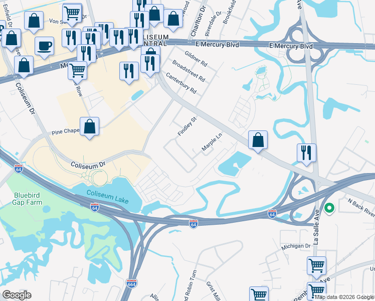 map of restaurants, bars, coffee shops, grocery stores, and more near 172 Findley Square in Hampton