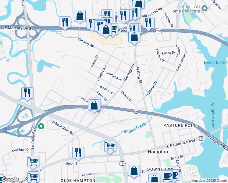 map of restaurants, bars, coffee shops, grocery stores, and more near 1004 West Avenue in Hampton