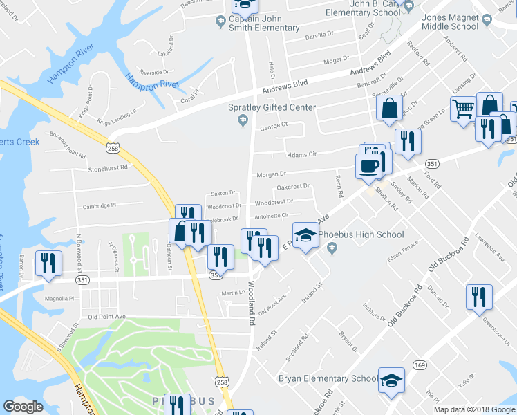 map of restaurants, bars, coffee shops, grocery stores, and more near 1404 Woodcrest Drive in Hampton