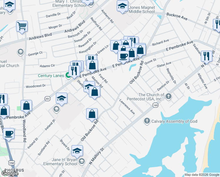 map of restaurants, bars, coffee shops, grocery stores, and more near 426 Marion Road in Hampton