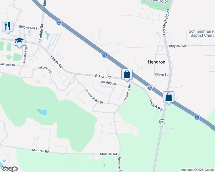 map of restaurants, bars, coffee shops, grocery stores, and more near 1205 Bleich Road in Paducah