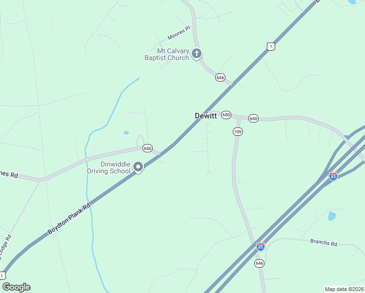 map of restaurants, bars, coffee shops, grocery stores, and more near 17050 Boydton Plank Road in DeWitt