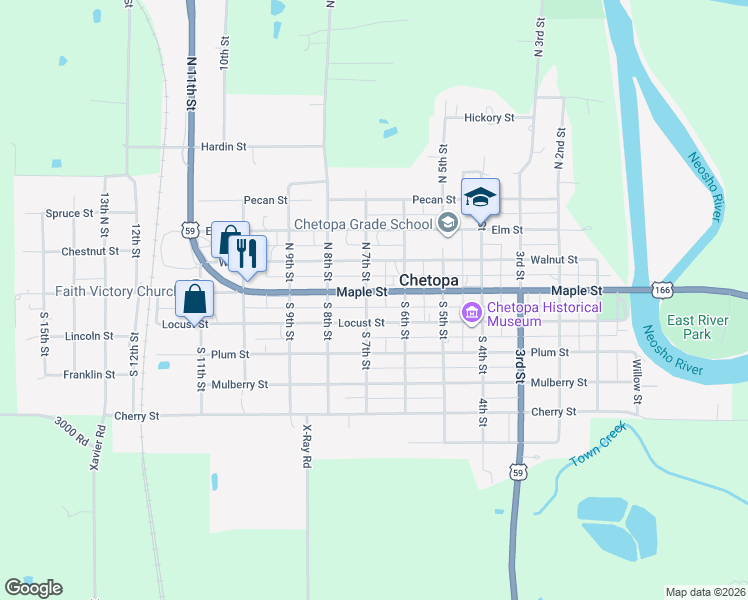 map of restaurants, bars, coffee shops, grocery stores, and more near 114-118 South 7th Street in Chetopa