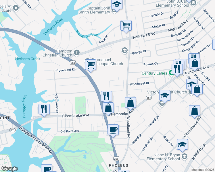 map of restaurants, bars, coffee shops, grocery stores, and more near 237 Canford Drive in Hampton