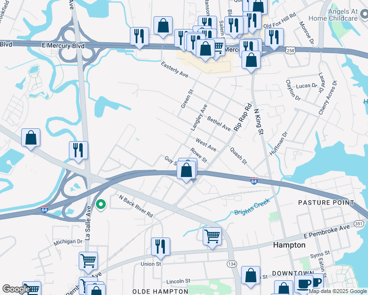 map of restaurants, bars, coffee shops, grocery stores, and more near 701 Langley Avenue in Hampton