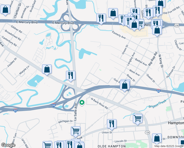 map of restaurants, bars, coffee shops, grocery stores, and more near 1306 Thomas Street in Hampton