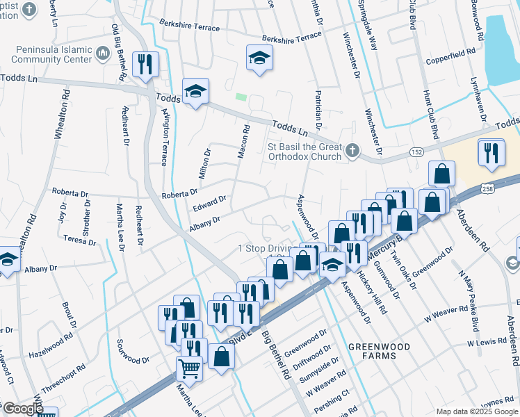 map of restaurants, bars, coffee shops, grocery stores, and more near 234 Albany Drive in Hampton