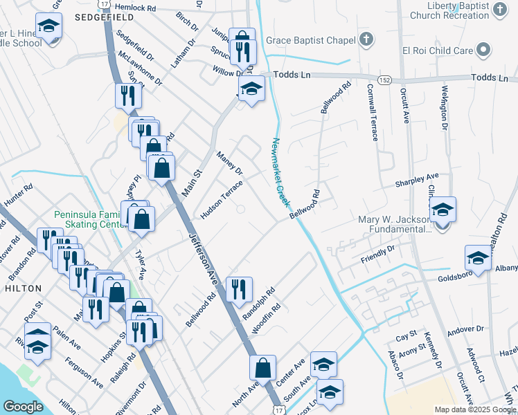 map of restaurants, bars, coffee shops, grocery stores, and more near 11 Maney Drive in Newport News