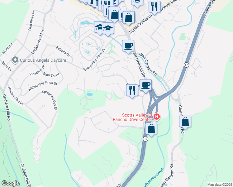 map of restaurants, bars, coffee shops, grocery stores, and more near 100 Camino Sinuoso in Scotts Valley