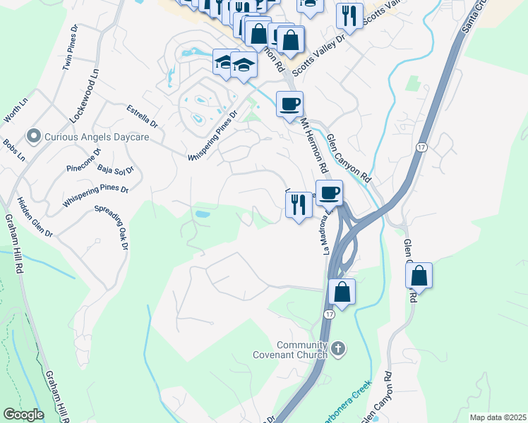 map of restaurants, bars, coffee shops, grocery stores, and more near 100 Camino Sinuoso in Scotts Valley
