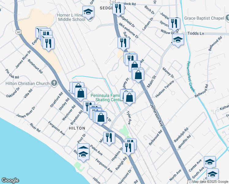 map of restaurants, bars, coffee shops, grocery stores, and more near 407 Tyler Avenue in Newport News