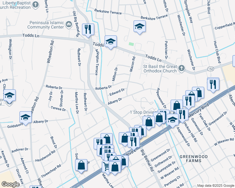 map of restaurants, bars, coffee shops, grocery stores, and more near 210 Edward Drive in Hampton