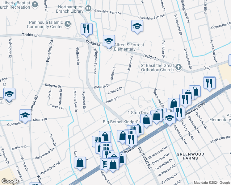 map of restaurants, bars, coffee shops, grocery stores, and more near 210 Edward Drive in Hampton