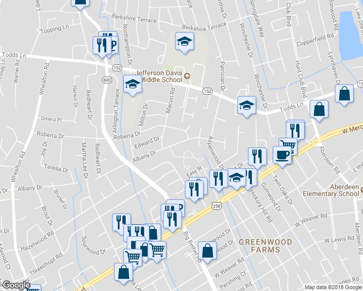 map of restaurants, bars, coffee shops, grocery stores, and more near 234 Albany Drive in Hampton