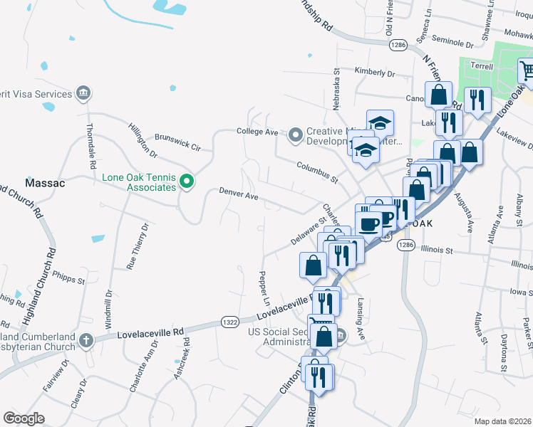 map of restaurants, bars, coffee shops, grocery stores, and more near 517 Denver Avenue in Paducah