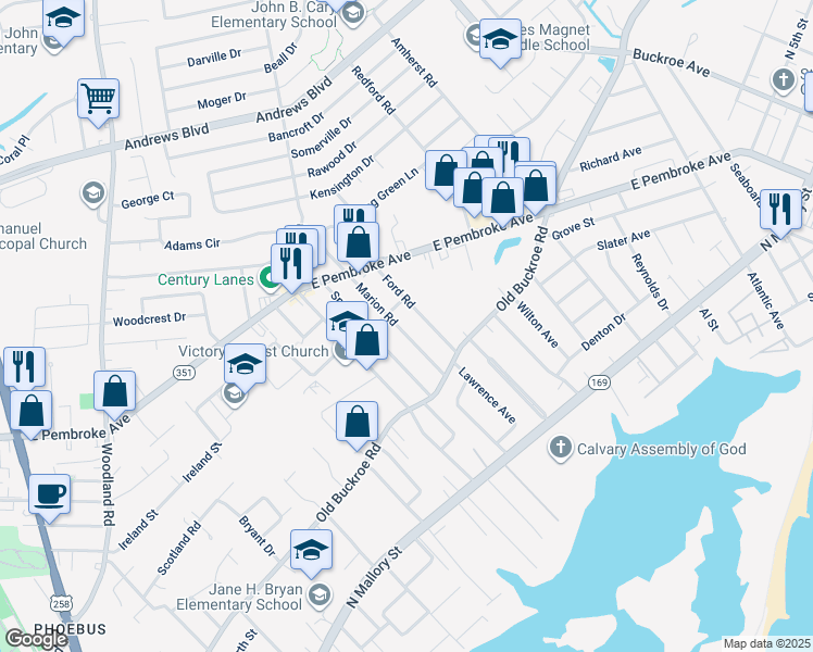 map of restaurants, bars, coffee shops, grocery stores, and more near 434 Marion Road in Hampton