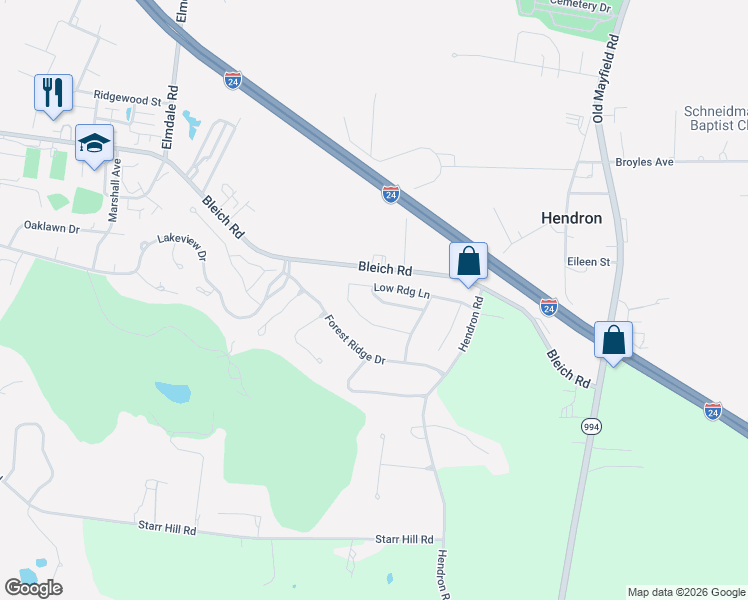 map of restaurants, bars, coffee shops, grocery stores, and more near 325 Forest Ridge Drive in Paducah