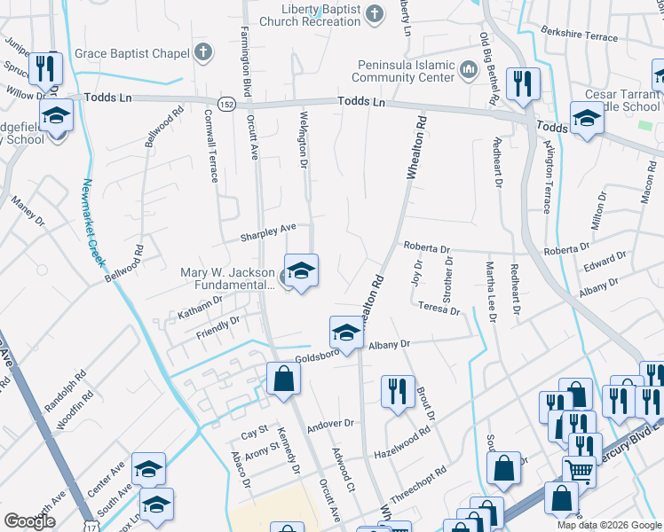 map of restaurants, bars, coffee shops, grocery stores, and more near 8 Cortez Court in Hampton