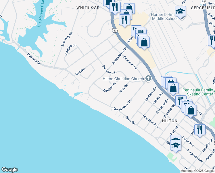 map of restaurants, bars, coffee shops, grocery stores, and more near 19 Oakland Drive in Newport News